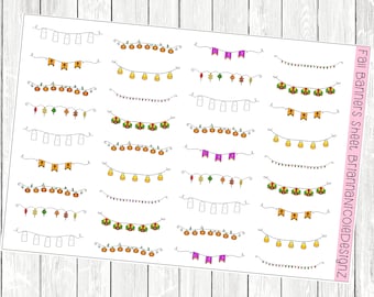 May include: A sheet of printable fall banner stickers. The sheet includes 20 different banner designs with various fall themes, including pumpkins, ghosts, leaves, and candy corn. The text "Fall Banners Sheet BriannaNicoleDesigns" is printed on the right side of the sheet.