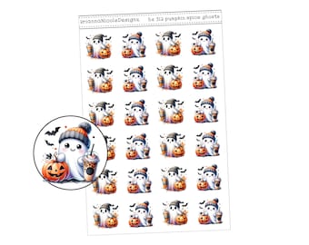 May include: A sheet of Halloween stickers. The stickers feature cartoon ghosts wearing bobble hats, holding pumpkin spice lattes, and pumpkins. The stickers are in a watercolour style, with orange, black, and white colours. The text "hs 312 pumpkin spice ghosts" is at the top.