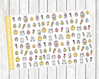 May include: A sheet of Easter-themed stickers featuring a variety of cute illustrations, including bunnies, chicks, eggs, flowers, and baskets. The stickers are printed on white paper with a yellow border.
