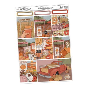 May include: A sticker sheet with a fall harvest theme, featuring illustrations of a pumpkin patch, corn maze, and a red pickup truck laden with pumpkins. The sheet includes text that reads "Fall Harvest Kit 304" and "Full Boxes".