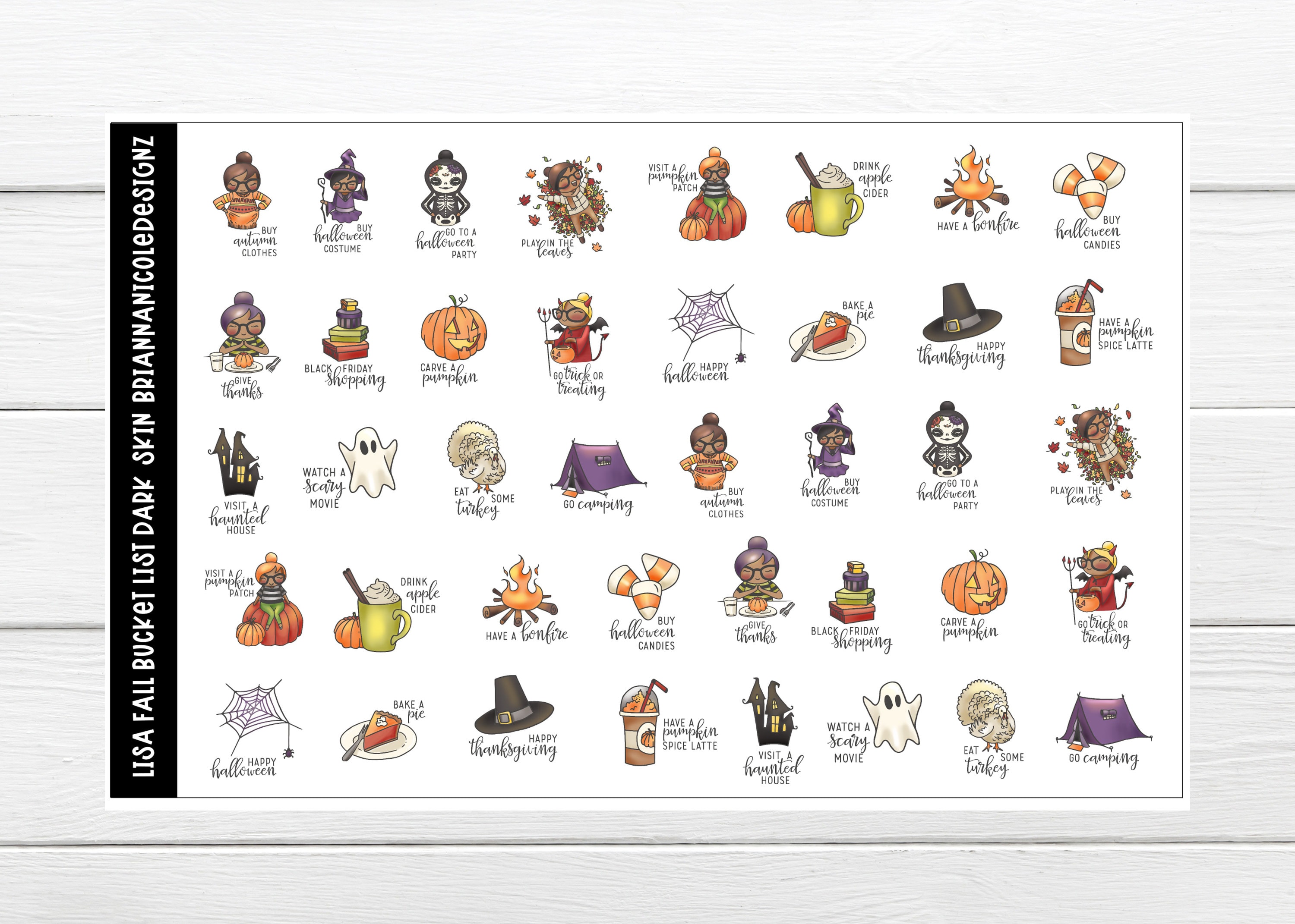 Lisa fall bucket list dark skin | Halloween planner stickers| Spooky stickers| October planner stickers| Ghosts| witches| Bucket list