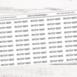 May include: A sheet of printable stickers with the text "doctor appt" repeated multiple times. The stickers are designed for use in a planner or calendar.