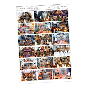 May include: A sheet of Halloween-themed stickers featuring watercolor illustrations of haunted houses, ghosts, and pumpkins. The stickers have a spooky, festive design, perfect for scrapbooking or decorating. The text "BriannaNicoleDesignz" is visible.