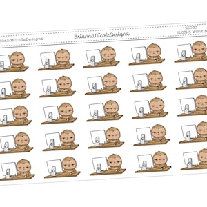 May include: A sheet of 25 stickers featuring cute cartoon sloths working on computers. The stickers are white with black outlines and are perfect for adding a touch of whimsy to your planner, laptop, or water bottle.
