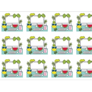 May include: A set of 12 digital planner stickers featuring a computer screen with a watermelon, a glass of juice, and a smiling lemon. The stickers are designed in a cartoon style with a tropical theme.