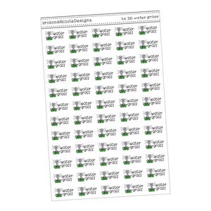 May include: A sheet of 381 stickers featuring a black and white illustration of a sprinkler with green grass. The text "water grass" is repeated on each sticker.
