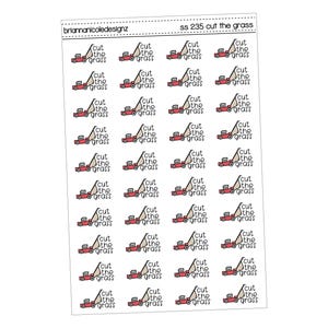 May include: Sheet of planner stickers featuring small red lawnmowers with the text "cut the grass." The stickers are arranged in rows and columns on a white background. The text "ss 235 cut the grass" is at the top.
