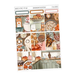 May include: A planner sticker sheet with a fall kitchen theme. The sheet features illustrations of pumpkins, baked goods, and kitchen tools. The text "Maple N Spice Kit 360" and "BriannaNicoleDesignz" are visible.
