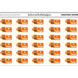 May include: A set of 30 Thanksgiving countdown stickers featuring a cartoon turkey with orange and brown feathers. Each sticker has a number from 1 to 30 with the word "DAYS" below it.