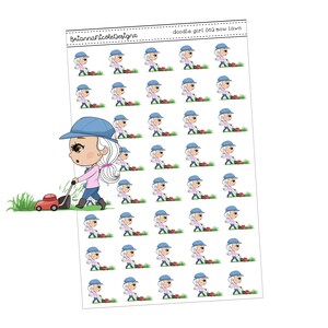 May include: A sheet of stickers featuring a cartoon girl mowing the lawn. The girl is wearing a blue hat and pink shirt. The stickers are arranged in a grid pattern. The text "doodle girl 002 mow lawn" is at the top of the sheet.