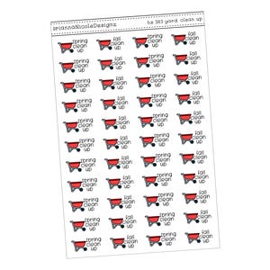 May include: A sheet of 383 red and white stickers with a wheelbarrow graphic and the text "spring clean up" or "fall clean up".