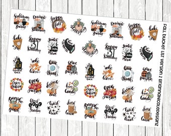 May include: A sheet of 36 fall-themed stickers with various designs and text. The stickers feature images of pumpkins, leaves, apples, and other fall-related imagery. The text on the stickers includes phrases like "Happy Halloween", "Bake a Pie", "Enjoy Fall", and "Trick or Treat".