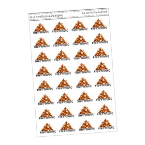 May include: Sheet of stickers featuring small illustrations of raked leaves in shades of brown and orange. Each illustration is accompanied by the words "rake leaves" in a handwritten style font. The stickers are designed for use in planners or crafts.