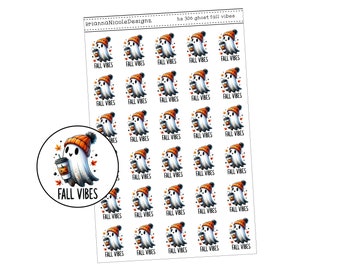 May include: A sheet of 306 ghost stickers with the text "Fall Vibes" on each sticker. The ghosts are wearing orange and white hats and holding a cup of coffee.