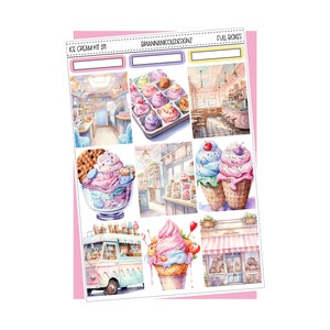 May include: A set of digital planner stickers featuring an ice cream shop theme. The stickers include a pink and blue ice cream cone, a pink and blue ice cream sundae, a pink and blue ice cream truck, and a pink and blue ice cream shop.