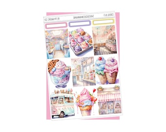 May include: A set of digital planner stickers featuring an ice cream shop theme. The stickers include a pink and blue ice cream cone, a pink and blue ice cream sundae, a pink and blue ice cream truck, and a pink and blue ice cream shop.