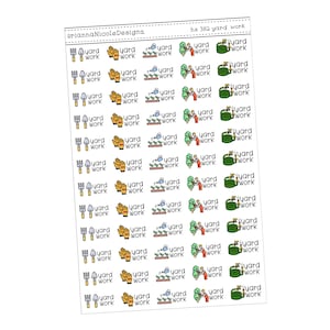 May include: A white sheet of paper with 382 black and white yard work icons. The icons include a rake, a pair of gardening gloves, a watering can, a potted plant, and a small pool. The text "he 382 yard work" is at the top of the sheet.