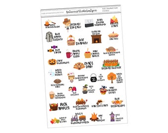 May include: A printable checklist with fall-themed illustrations and activities. The list includes activities like "Decorate for Fall", "Give Thanks", "Carve Pumpkins", "Craft Day", "Pick Apples", and "Have a Bonfire".