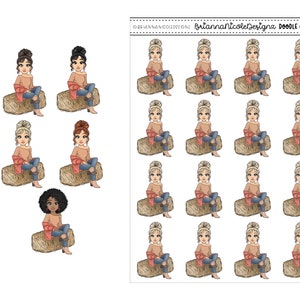 May include: A set of 18 digital stickers featuring cartoon girls with different hairstyles and skin tones. Each girl is wearing a pink sweater, blue jeans, and brown boots. The girls are sitting on hay bales. The stickers are perfect for adding a touch of whimsy to your digital planner, journal, or other projects.