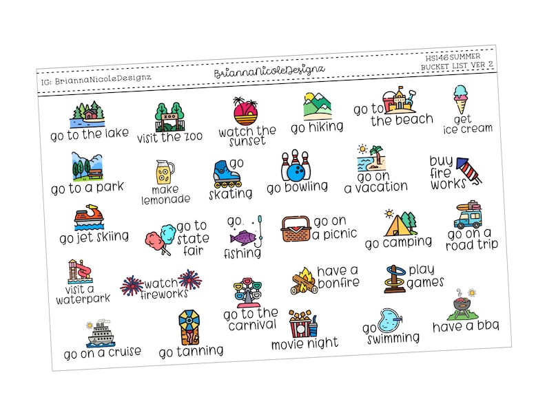 Op de afbeelding: Een kleurrijke zomer bucketlist met 20 verschillende activiteiten om te doen, waaronder naar het strand gaan, kamperen en vuurwerk kijken. De lijst is ge&iuml;llustreerd met schattige cartooniconen.