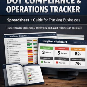 Op de afbeelding: Een digitaal product genaamd "DOT Compliance & Operations Tracker" voor transportbedrijven. De afbeelding toont een computerscherm met een compliance dashboard, een checklist en een open gebruikershandleiding. Het product bevat een spreadsheet en een stapsgewijze handleiding.