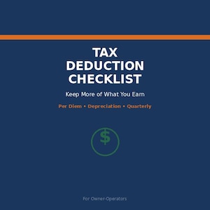 Puede incluir: Un gráfico azul marino con las palabras "TAX DEDUCTION CHECKLIST" en blanco. El texto "Keep More of What You Earn" está debajo del título. Un signo de dólar verde en un círculo. El texto "Per Diem • Depreciation • Quarterly" está debajo.