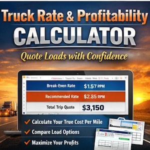 Könnte beinhalten: Ein Laptop-Bildschirm zeigt einen LKW-Tarif- und Rentabilitätsrechner mit dem Text "Truck Rate & Profitability CALCULATOR". Der Bildschirm zeigt Break-Even- und empfohlene Tarife sowie ein Gesamtangebot für die Reise. Ein Sattelzug ist zu sehen.