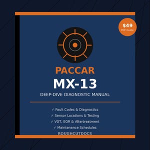 Pode incluir: Manual de diagnóstico azul e laranja para motores PACCAR MX-13. A capa apresenta um gráfico semelhante a um alvo e o texto "PACCAR MX-13 DEEP-DIVE DIAGNOSTIC MANUAL". Inclui informações sobre códigos de falha e programas de manutenção.
