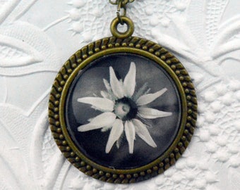 Vintage Bronze 30mm Pendant with Black and White Flower Cabochon Photo Jewelry Flower Necklace Black and White Photo Black and White Flower