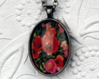 pink and red tulip photo necklace with oval pendant