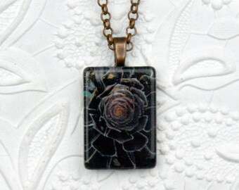 glass rectangle black succulent pendant necklace