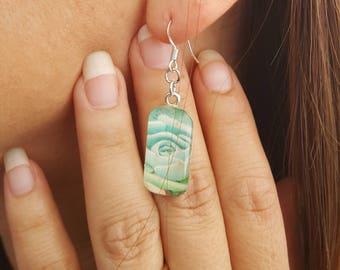 green succulent glass rectangle dangle earrings