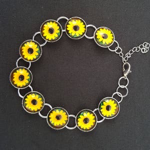 adjustable sunflower photo bracelet in silver setting with glass cabochons image 2