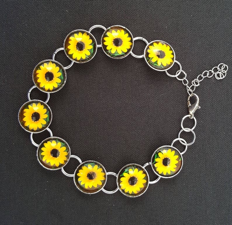 adjustable sunflower photo bracelet in silver setting with glass cabochons image 2