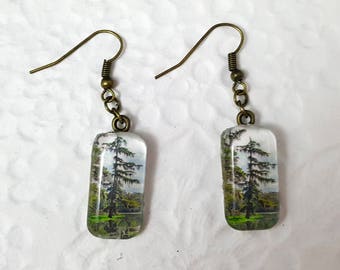 pine tree photo earrings in rectangle cabochon