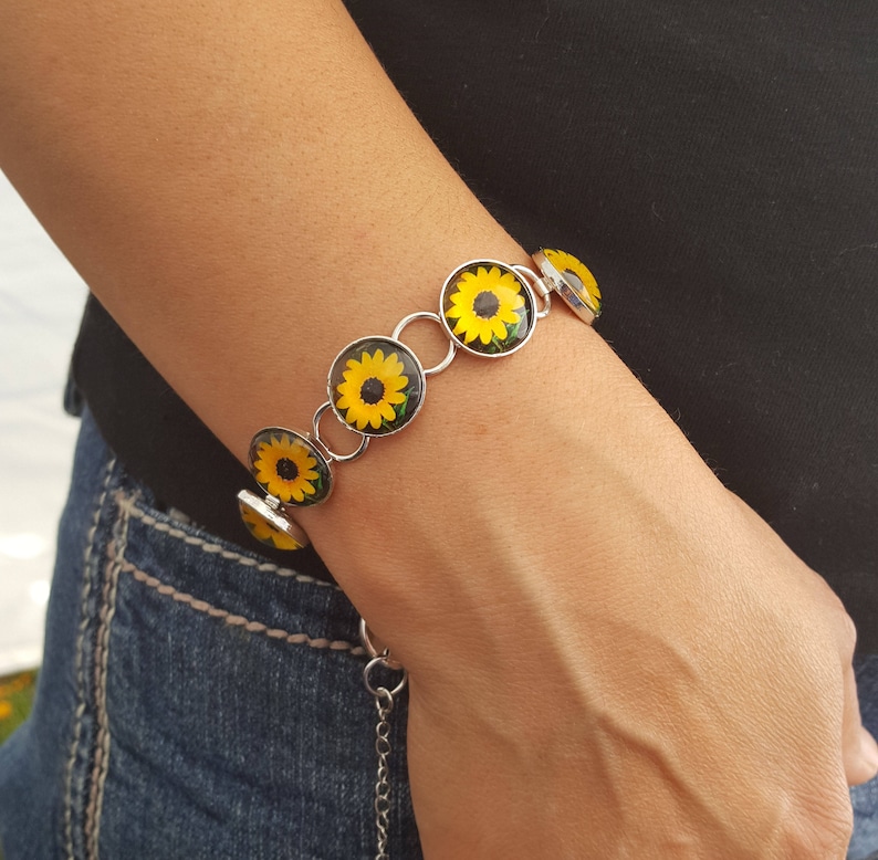 adjustable sunflower photo bracelet in silver setting with glass cabochons image 1