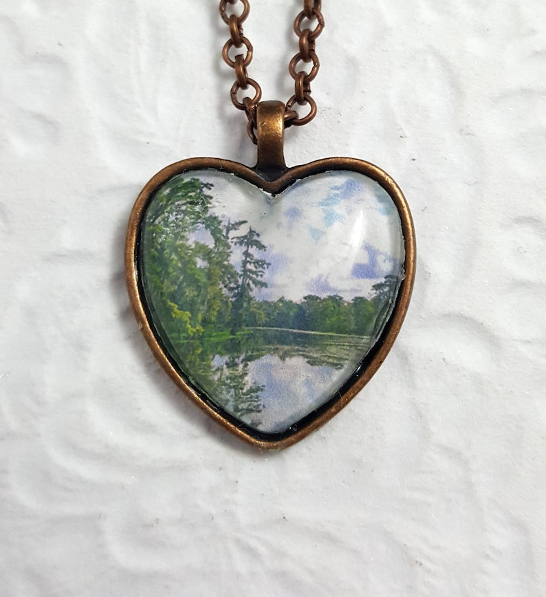 Kraemer Bayou landscape necklace with heart-shaped glass cabochon glass jewelry glass pendant image 1