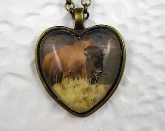 bison heart-shaped necklace in bronze setting