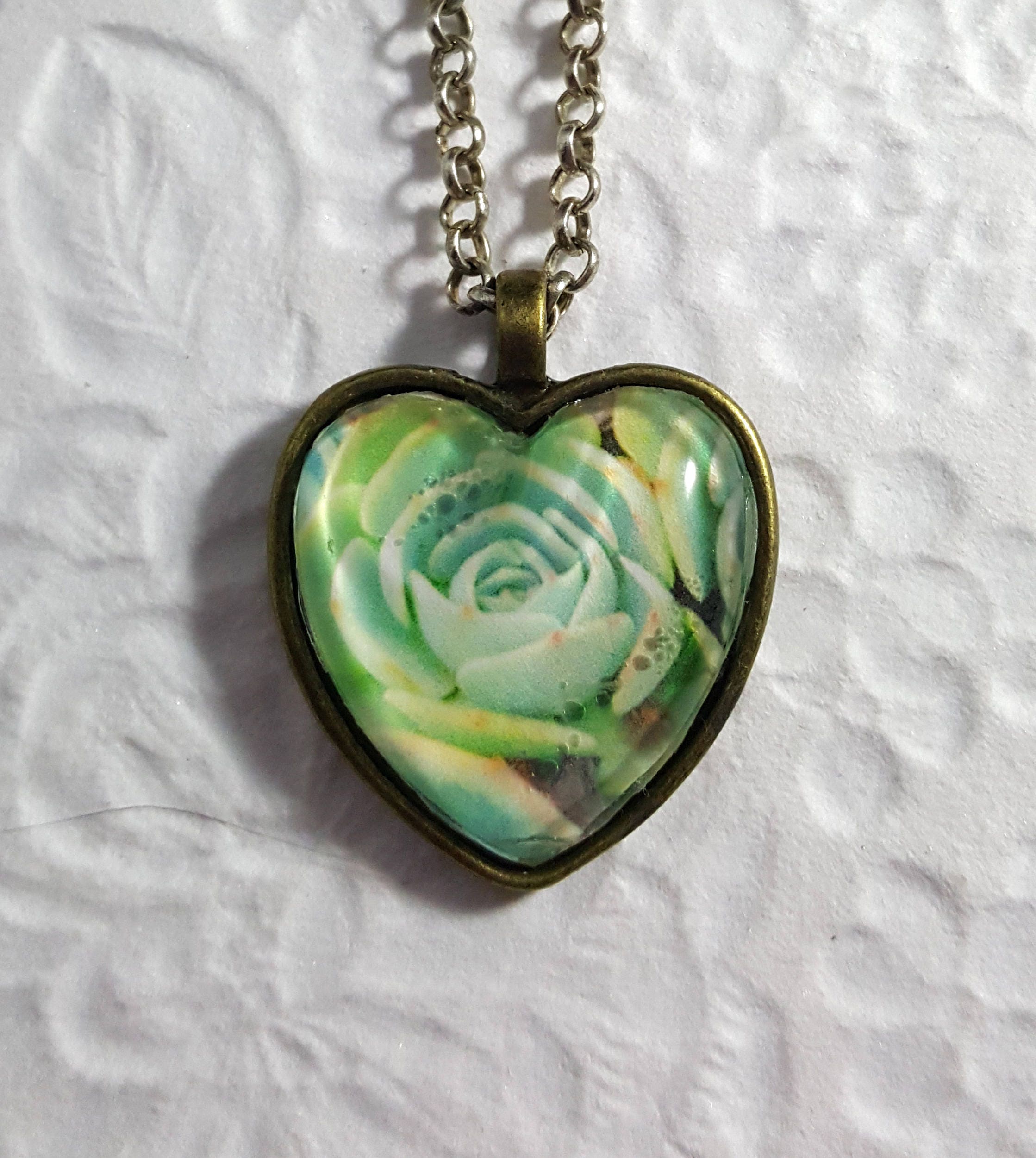 Green Succulent Necklace With Heartshaped Glass Cabochon Etsy