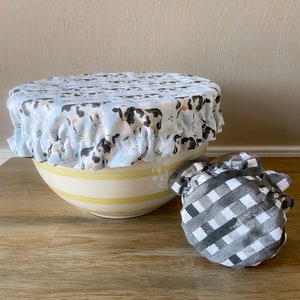 Cotton jar and bowl cover set, Reversible fabric jar cover for Weck and wide mouth jars and matching bowl cover, gingham cow print