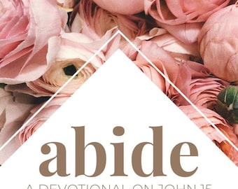 Può includere: Un libro di devozione intitolato "abide" con uno sfondo floreale rosa. Il libro è una devozione su Giovanni 15, scritto e progettato da Erin Blackwell.