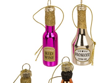 Set of 4 x Glass Tree Hanging Decorations: Bottles in the shape of Gin, Red Wine, Prosecco and Whisky