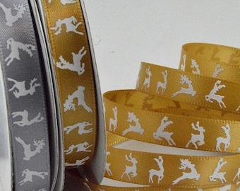 10mm Reindeer printed satin ribbon - in Gold or Silver.  10m roll
