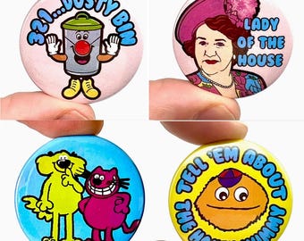 Random Retro Badges for Adults!  Lady of the house, Dusty Bin and Honey Monster - Ideal for Christmas Cracker fillers or Secret Santa
