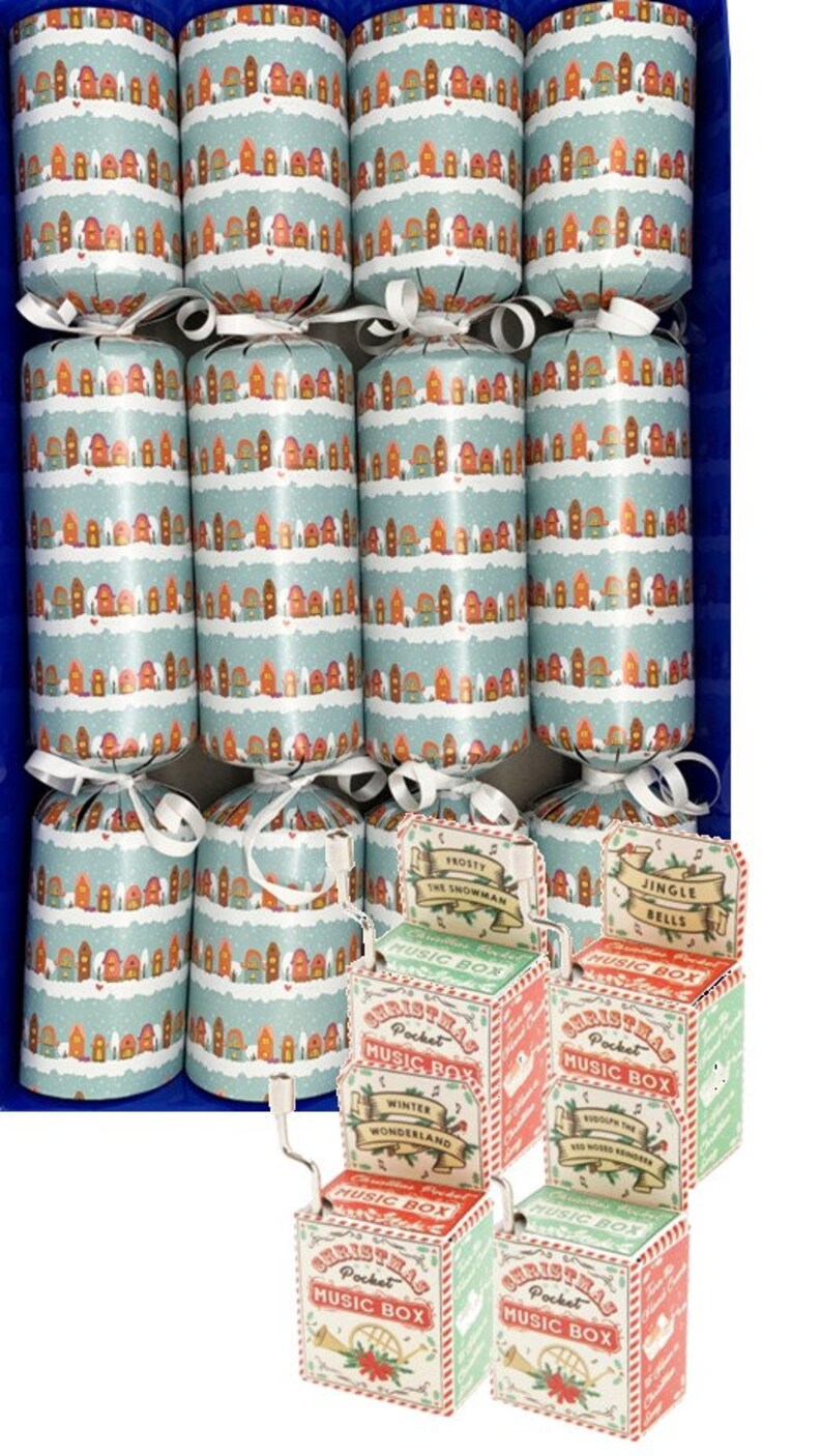 Set of 4 Quality Christmas Crackers Containing Tiny Wind up Music Boxes