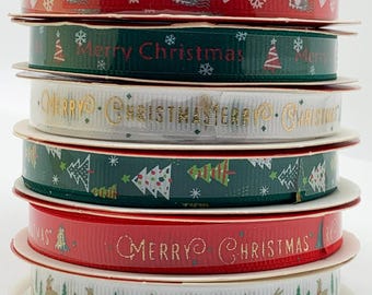 10mm Printed Christmas Ribbon - Red or Green or Cream  2.5m roll