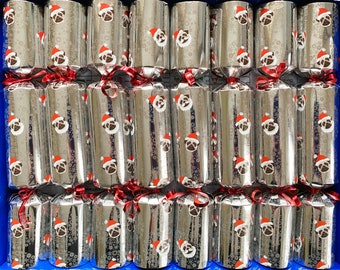 Set of 8 Fill your Christmas Pugs Silver Christmas Crackers