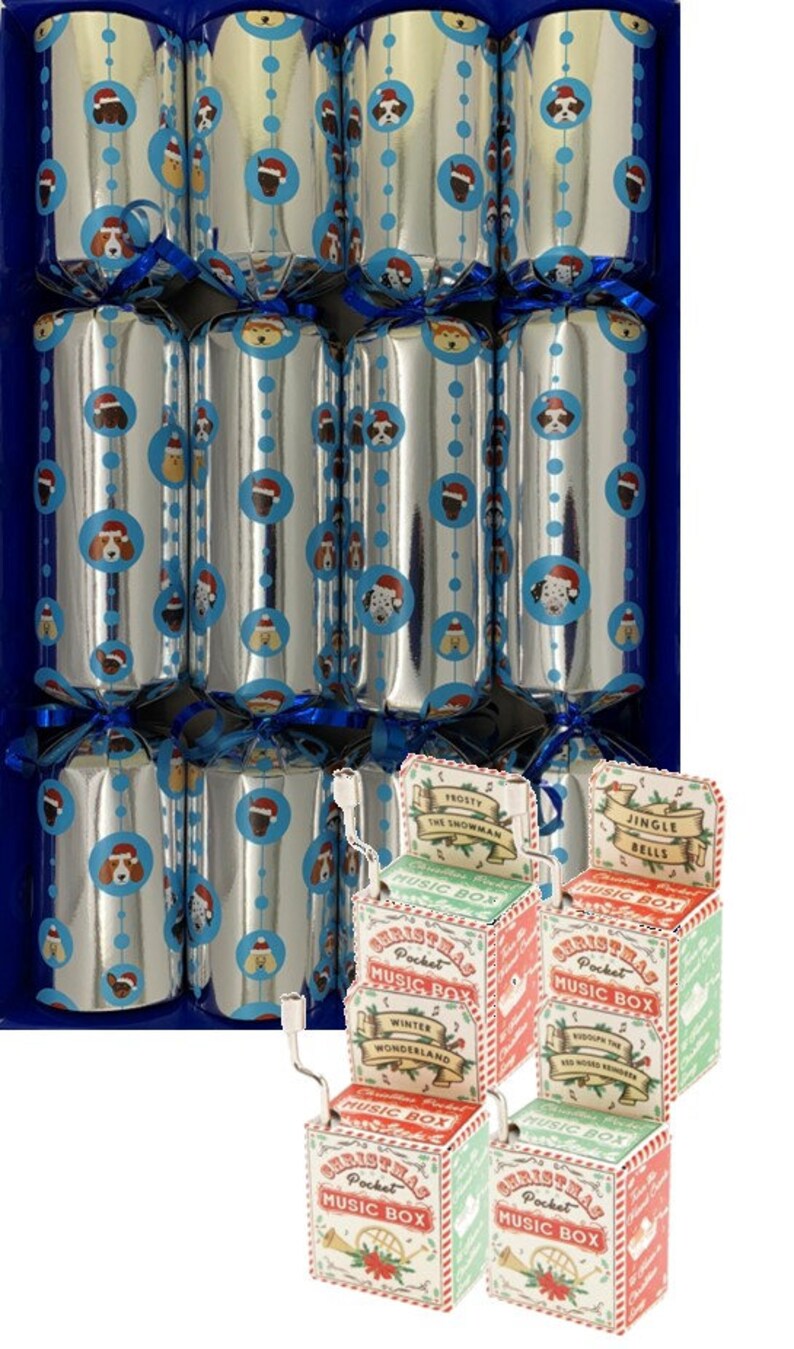 Set of 4 Quality Christmas Crackers Containing Tiny Wind up Music Boxes