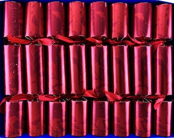 Set of 8 Red Swirls Design Fill Your Own Christmas Crackers with red satin ribbons