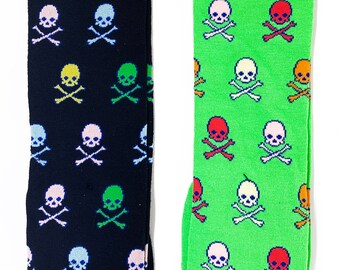 Pair of Long Knee High Skull and Cross Bones Socks - Green or Black